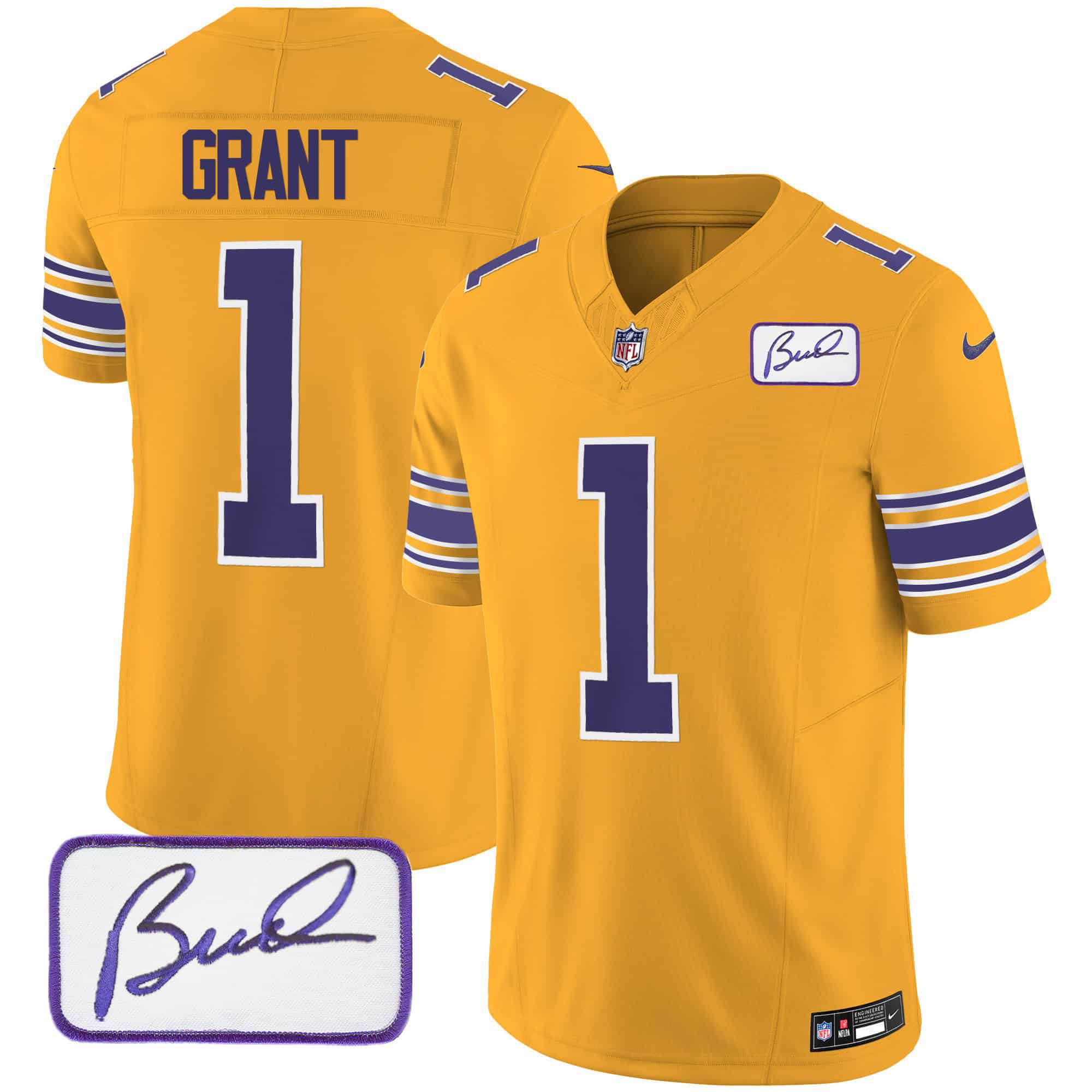 Men Minnesota Vikings #1 Grant Yellow 2024 Nike Bud Grant Patch Classic Limited NFL Jersey